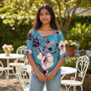 Yumi Kim 100% Silk Blue Floral Print Blouse Top Small